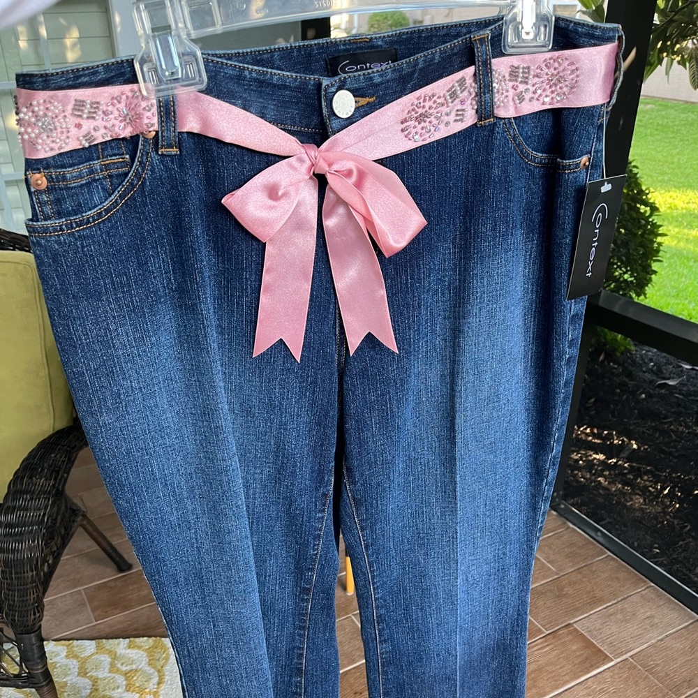 Ultra fem jeans with pink bow belt with sequins and pearls